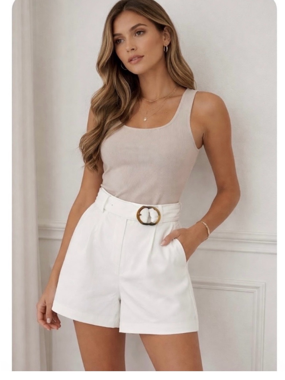a loves a High Waist White Lined Shorts With Decorative Belt